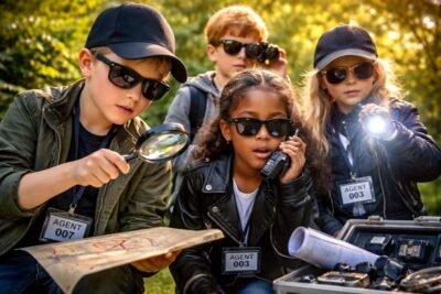 Kids spy gear on a wooden table: agent ID badges, “Top Secret” notebook, walkie-talkie, magnifying glass, map, and flashlight