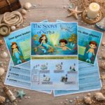 Mermaid scavenger hunt for kids with treasure chest, sea animal cards, and colorful underwater game materials