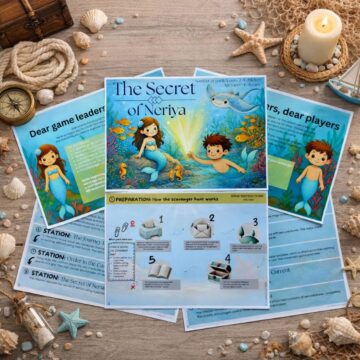Mermaid scavenger hunt for kids with treasure chest, sea animal cards, and colorful underwater game materials