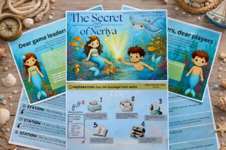 Mermaid scavenger hunt for kids with treasure chest, sea animal cards, and colorful underwater game materials