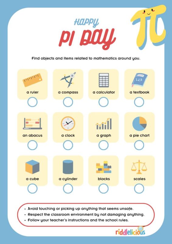 pi day scavenger hunt printable for kids math classroom activity worksheet free PDF