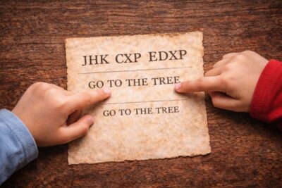 Kids pointing at a coded message and the decoded clue Go to the tree on aged parchment