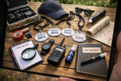 Spy scavenger hunt cover for kids with a secret agent theme, binary code background, and mission-style title graphic