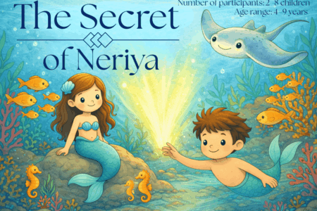 Illustrated title image of the children’s underwater scavenger hunt “The Secret of Neriya,” featuring a smiling mermaid and merman in a colorful ocean scene with fish, coral, and sea creatures, designed for children ages 4–9.