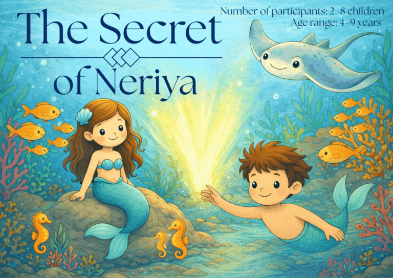 Illustrated title image of the children’s underwater scavenger hunt “The Secret of Neriya,” featuring a smiling mermaid and merman in a colorful ocean scene with fish, coral, and sea creatures, designed for children ages 4–9.