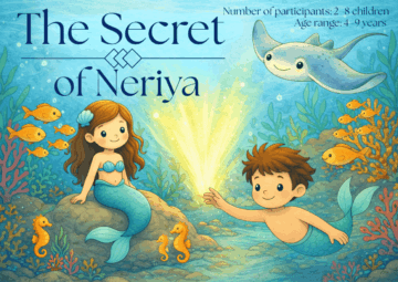 Illustrated title image of the children’s underwater scavenger hunt “The Secret of Neriya,” featuring a smiling mermaid and merman in a colorful ocean scene with fish, coral, and sea creatures, designed for children ages 4–9.