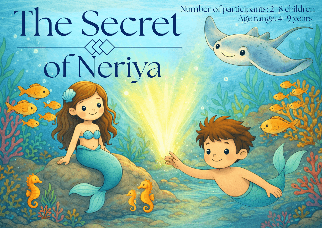 Illustrated title image of the children’s underwater scavenger hunt “The Secret of Neriya,” featuring a smiling mermaid and merman in a colorful ocean scene with fish, coral, and sea creatures, designed for children ages 4–9.