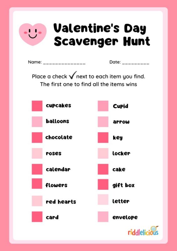 valentines day scavenger hunt printable for kids classroom party checklist free PDF