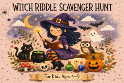 Witch riddle scavenger hunt for kids ages 4–9 with cute witch, magic book, broom, cauldron, owl, and playful Halloween elements