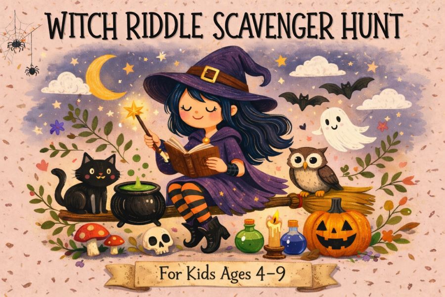 Witch riddle scavenger hunt for kids ages 4–9 with cute witch, magic book, broom, cauldron, owl, and playful Halloween elements