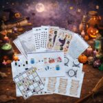 Collection of witch scavenger hunt puzzles and activity sheets including mazes, matching games and logic tasks for a magical Halloween treasure hunt