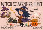 Illustrated witch scavenger hunt cover showing a young witch reading a spellbook on a broom, a wise owl, a black cat, potions, pumpkin, and magical elements – printable witch scavenger hunt for children ages 4–9.