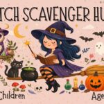 Illustrated witch scavenger hunt cover showing a young witch reading a spellbook on a broom, a wise owl, a black cat, potions, pumpkin, and magical elements – printable witch scavenger hunt for children ages 4–9.