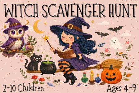 Illustrated witch scavenger hunt cover showing a young witch reading a spellbook on a broom, a wise owl, a black cat, potions, pumpkin, and magical elements – printable witch scavenger hunt for children ages 4–9.