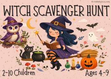 Illustrated witch scavenger hunt cover showing a young witch reading a spellbook on a broom, a wise owl, a black cat, potions, pumpkin, and magical elements – printable witch scavenger hunt for children ages 4–9.