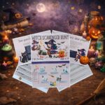 Printable witch scavenger hunt for kids ages 4–9 with magical puzzles, potion tasks and Halloween-themed activities displayed on a wooden table with witch decorations