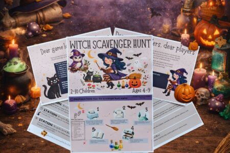 Printable witch scavenger hunt for kids ages 4–9 with magical puzzles, potion tasks and Halloween-themed activities displayed on a wooden table with witch decorations