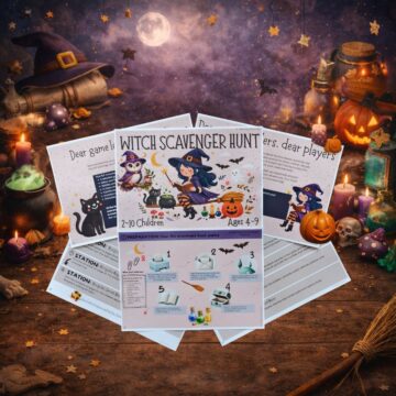 Printable witch scavenger hunt for kids ages 4–9 with magical puzzles, potion tasks and Halloween-themed activities displayed on a wooden table with witch decorations