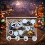 Printable witch scavenger hunt invitations, certificates and bonus elements with cute witches, potions and Halloween decorations for a magical kids party