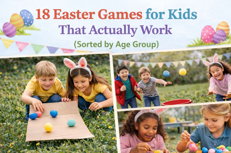 Collage of kids playing different Easter games including egg rolling, egg toss and decorating Easter eggs.