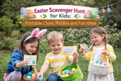 Happy children doing an Easter scavenger hunt in a garden, holding baskets of colorful eggs and clue cards, with a festive Easter title banner about printable clues, riddles and fun ideas.