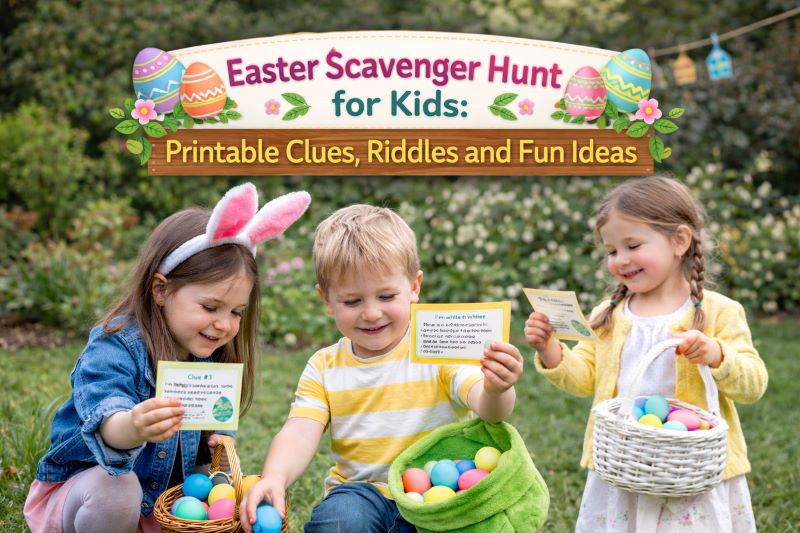Happy children doing an Easter scavenger hunt in a garden, holding baskets of colorful eggs and clue cards, with a festive Easter title banner about printable clues, riddles and fun ideas.