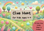 Colorful scavenger hunt for kids ages 4 to 9 with 50 indoor and outdoor riddles – cheerful cover image with rainbow, stars, and an adventure path