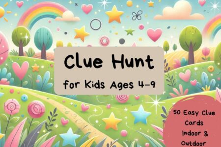 Colorful scavenger hunt for kids ages 4 to 9 with 50 indoor and outdoor riddles – cheerful cover image with rainbow, stars, and an adventure path
