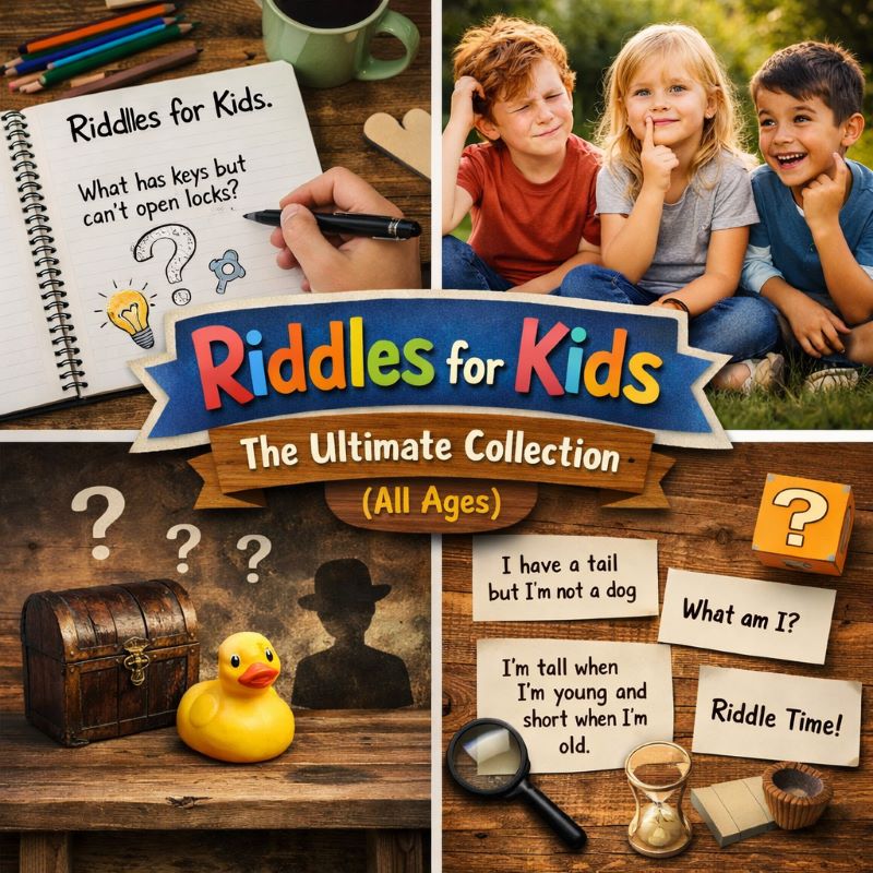 Colorful collage book cover for “Riddles for Kids: The Ultimate Collection (All Ages)” showing children thinking, riddles written in a notebook, question marks, a magnifying glass, and fun puzzle elements.