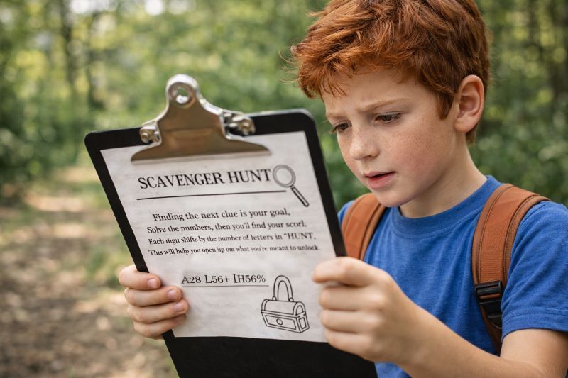 Tween holding a clipboard and reading a complex scavenger hunt clue outdoors with focused expression and natural background