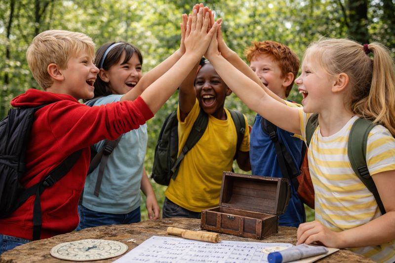 Group of tweens giving high-fives outdoors after finishing a scavenger hunt with smiles, backpacks and treasure chest in natural setting