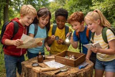 Group of tweens working together on a scavenger hunt in a forest with map, clues and treasure box in natural outdoor setting