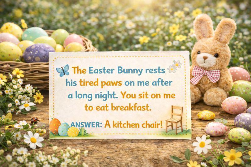 Easter-themed riddle card on a rustic wooden table with the riddle “The Easter Bunny rests his tired paws on me after a long night. You sit on me to eat breakfast,” surrounded by colorful Easter eggs, spring flowers, and a plush bunny in a sunny garden.