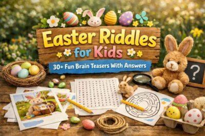 Colorful Easter-themed table scene with a wooden sign reading “Easter Riddles for Kids – 30+ Fun Brain Teasers With Answers,” surrounded by puzzle sheets, pencils, Easter eggs, and plush bunnies in a sunny garden setting.