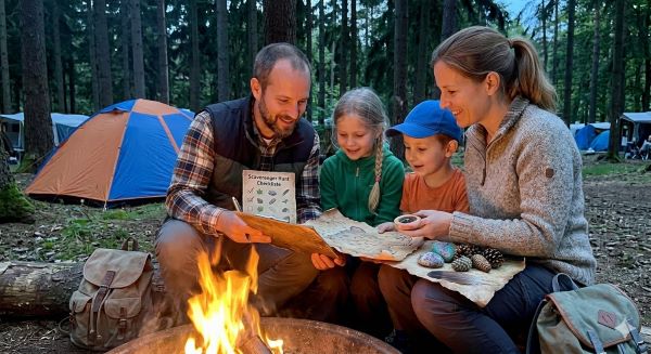 A family with two children sitting around a glowing campfire at dusk, looking at a treasure map and scavenger hunt checklist with found nature items like pinecones and stones on a wooden board.