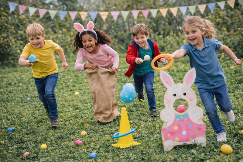 Mixed age group of children playing Easter games together in a garden setting.