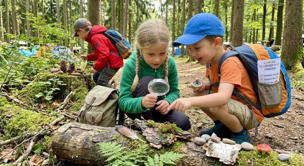 Three children on a forest camping trip using a magnifying glass and exploring nature together during a fun outdoor scavenger hunt.