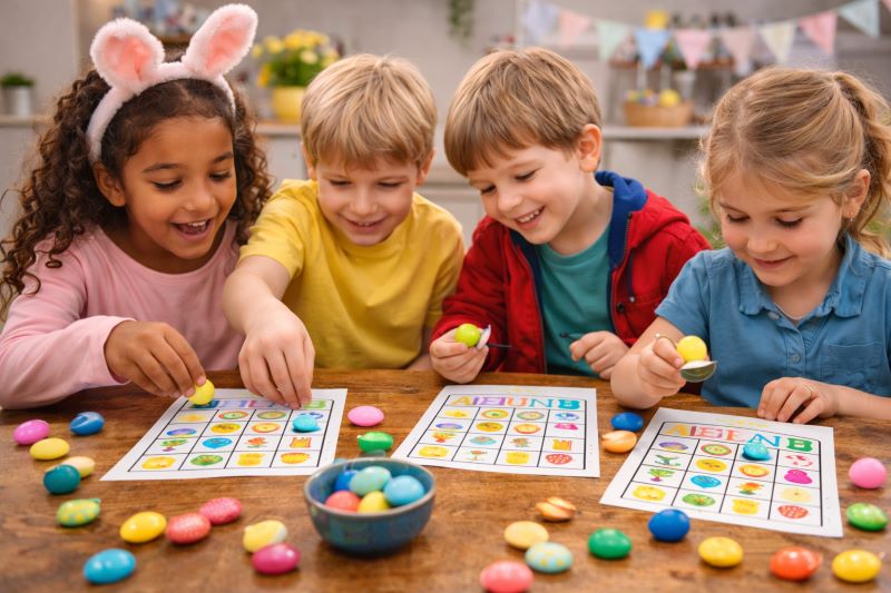 Children ages 5-8 playing indoor Easter party games together.