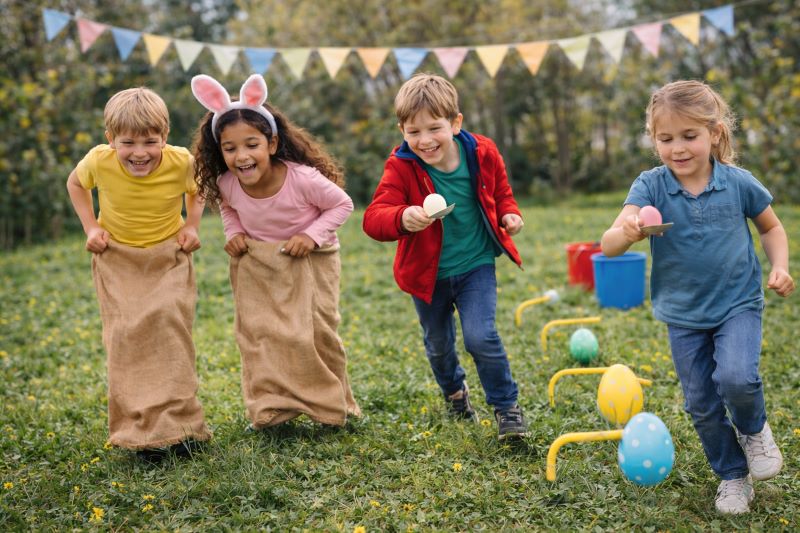 Tweens and teens competing in Easter party challenge games outdoors in spring.