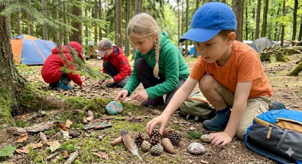 A group of children in outdoor gear kneeling on a forest floor at a campsite, collecting pinecones, feathers, and unique stones for a nature scavenger hunt.