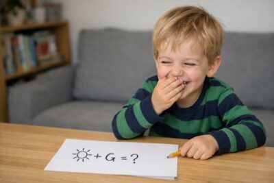 Happy 5-year-old child giggling while trying to solve a simple riddle on a piece of paper at a wooden table.