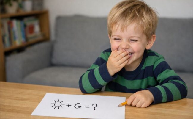 Happy 5-year-old child giggling while trying to solve a simple riddle on a piece of paper at a wooden table.