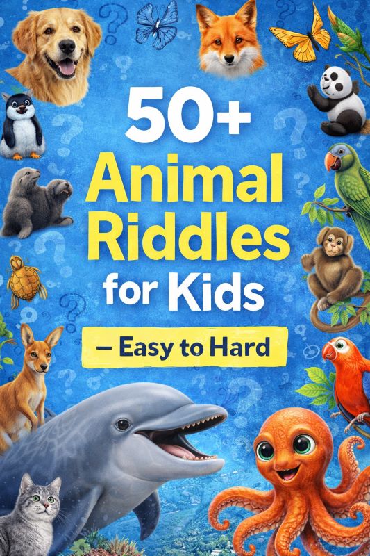 Pinterest style vertical graphic with animal icons around the border and text “50+ Animal Riddles for Kids — Easy to Hard”