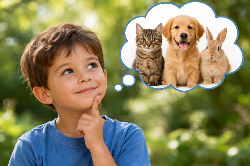 Smiling child thinking with a thought bubble showing a cat, dog and rabbit, representing imagination and animal riddles for kids