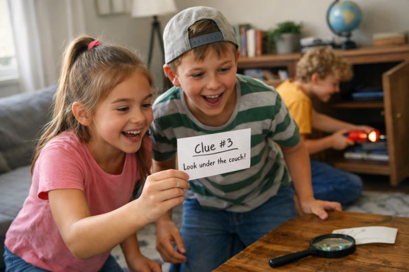 Kids excitedly searching through a cozy living room during an indoor scavenger hunt, holding a clue card and exploring with curiosity