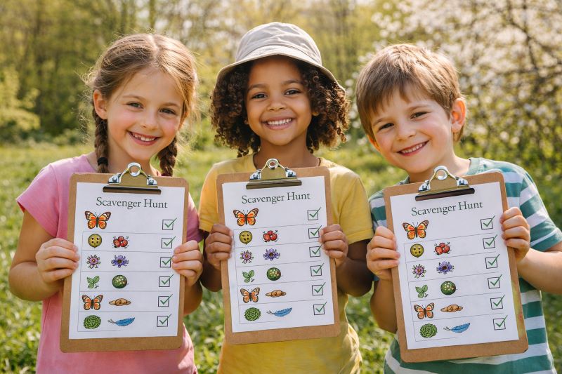 Happy children standing in a sunny park holding completed scavenger hunt checklists with blooming trees in the background