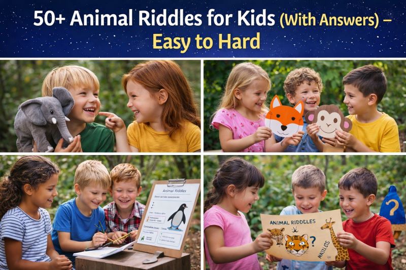 Collage of kids solving animal riddles, holding animal masks and clue cards, smiling and playing outdoors in a fun learning setting