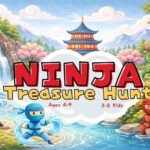 Cartoon ninja treasure hunt game for kids ages 4–9 with colorful ninja characters, waterfall, temple, mountains, and playful adventure scene for a printable scavenger hunt.