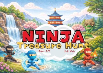 Cartoon ninja treasure hunt game for kids ages 4–9 with colorful ninja characters, waterfall, temple, mountains, and playful adventure scene for a printable scavenger hunt.