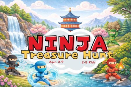 Cartoon ninja treasure hunt game for kids ages 4–9 with colorful ninja characters, waterfall, temple, mountains, and playful adventure scene for a printable scavenger hunt.